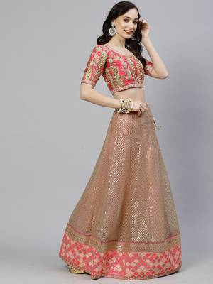 Shubhkala Hypnotizing Pink Zari Sequins And Thread Embroidered Net Semi Stitched Bridal Lehenga 3