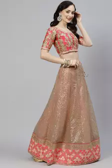 Shubhkala Hypnotizing Pink Zari Sequins And Thread Embroidered Net Semi Stitched Bridal Lehenga