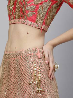 Shubhkala Hypnotizing Pink Zari Sequins And Thread Embroidered Net Semi Stitched Bridal Lehenga 4