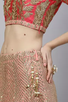 Shubhkala Hypnotizing Pink Zari Sequins And Thread Embroidered Net Semi Stitched Bridal Lehenga