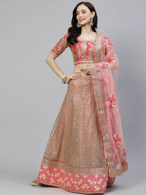 Shubhkala Hypnotizing Pink Zari Sequins And Thread Embroidered Net Semi Stitched Bridal Lehenga 5
