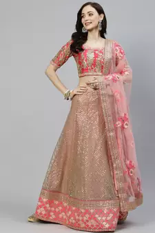 Shubhkala Hypnotizing Pink Zari Sequins And Thread Embroidered Net Semi Stitched Bridal Lehenga