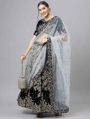 Shubhkala Delightful Navy Blue Zari Sequins And Thread Embroidered Velvet Semi Stitched Wedding Lehenga 1
