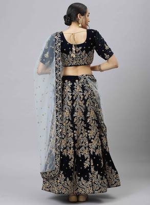Shubhkala Delightful Navy Blue Zari Sequins And Thread Embroidered Velvet Semi Stitched Wedding Lehenga 2