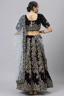 Shubhkala Delightful Navy Blue Zari Sequins And Thread Embroidered Velvet Semi Stitched Wedding Lehenga