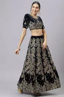 Shubhkala Delightful Navy Blue Zari Sequins And Thread Embroidered Velvet Semi Stitched Wedding Lehenga