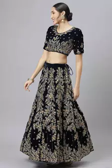 Shubhkala Delightful Navy Blue Zari Sequins And Thread Embroidered Velvet Semi Stitched Wedding Lehenga