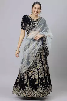 Shubhkala Delightful Navy Blue Zari Sequins And Thread Embroidered Velvet Semi Stitched Wedding Lehenga