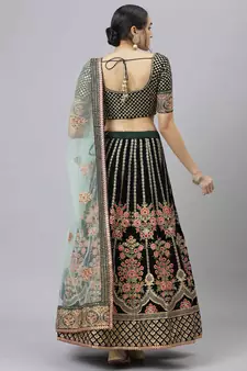 Shubhkala Pleasant Dark Green Zari Sequins And Thread Embroidered Velvet Semi Stitched Bridal Lehenga