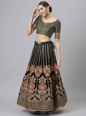 Shubhkala Pleasant Dark Green Zari Sequins And Thread Embroidered Velvet Semi Stitched Bridal Lehenga 3