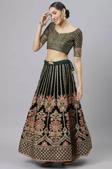 Shubhkala Pleasant Dark Green Zari Sequins And Thread Embroidered Velvet Semi Stitched Bridal Lehenga