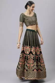Shubhkala Pleasant Dark Green Zari Sequins And Thread Embroidered Velvet Semi Stitched Bridal Lehenga