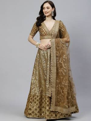 Shubhkala Prepossessing Brown Golden Sequins Work Art Silk Bridal Wedding Heavy Lehenga Choli With Dupatta 1