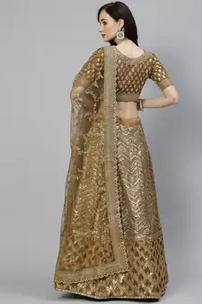 Shubhkala Prepossessing Brown Golden Sequins Work Art Silk Bridal Wedding Heavy Lehenga Choli With Dupatta
