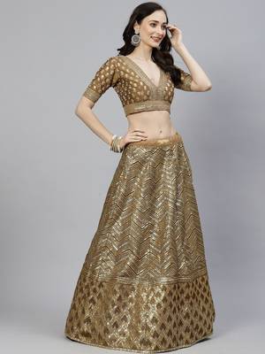 Shubhkala Prepossessing Brown Golden Sequins Work Art Silk Bridal Wedding Heavy Lehenga Choli With Dupatta 3