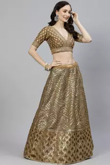 Shubhkala Prepossessing Brown Golden Sequins Work Art Silk Bridal Wedding Heavy Lehenga Choli With Dupatta
