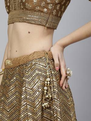 Shubhkala Prepossessing Brown Golden Sequins Work Art Silk Bridal Wedding Heavy Lehenga Choli With Dupatta 4