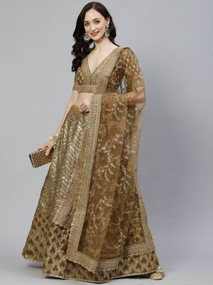 Shubhkala Prepossessing Brown Golden Sequins Work Art Silk Bridal Wedding Heavy Lehenga Choli With Dupatta 5