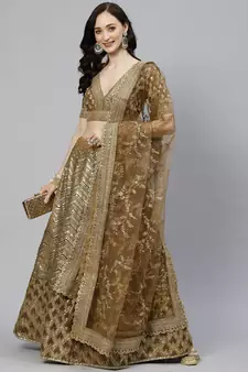 Shubhkala Prepossessing Brown Golden Sequins Work Art Silk Bridal Wedding Heavy Lehenga Choli With Dupatta