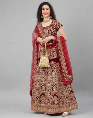 Shubhkala Red Zari Sequins And Thread Embroidered Velvet Semi Stitched Wedding Lehenga 1