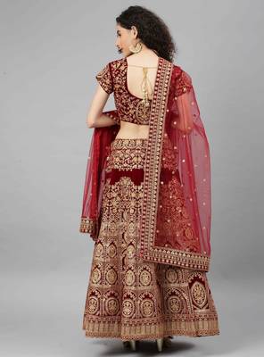 Shubhkala Red Zari Sequins And Thread Embroidered Velvet Semi Stitched Wedding Lehenga 2