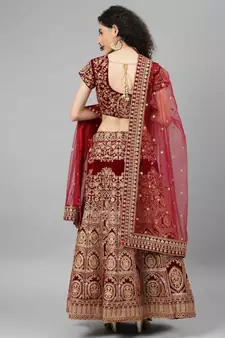 Shubhkala Red Zari Sequins And Thread Embroidered Velvet Semi Stitched Wedding Lehenga