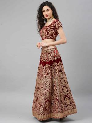 Shubhkala Red Zari Sequins And Thread Embroidered Velvet Semi Stitched Wedding Lehenga 3