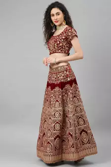 Shubhkala Red Zari Sequins And Thread Embroidered Velvet Semi Stitched Wedding Lehenga
