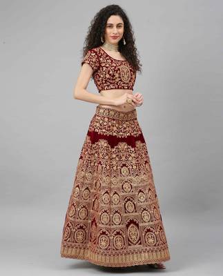 Shubhkala Red Zari Sequins And Thread Embroidered Velvet Semi Stitched Wedding Lehenga 4