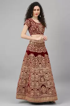Shubhkala Red Zari Sequins And Thread Embroidered Velvet Semi Stitched Wedding Lehenga