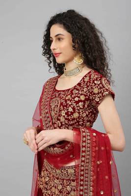 Shubhkala Red Zari Sequins And Thread Embroidered Velvet Semi Stitched Wedding Lehenga 5