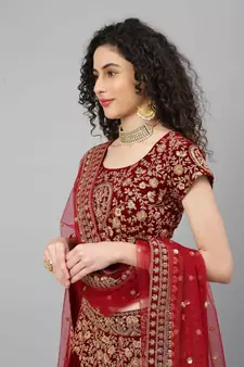 Shubhkala Red Zari Sequins And Thread Embroidered Velvet Semi Stitched Wedding Lehenga