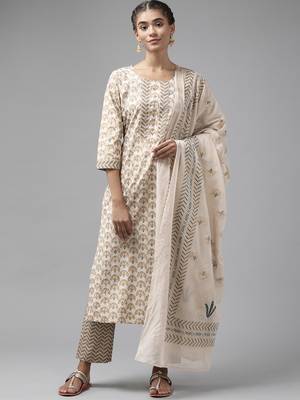 Beige embroidered cotton ethnic-kurtis 1