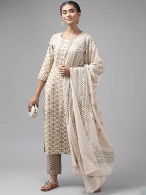 Beige embroidered cotton ethnic-kurtis 5