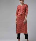 Red embroidered cotton kurtas-and-kurtis