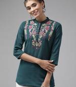 Teal embroidered cotton cotton-tops