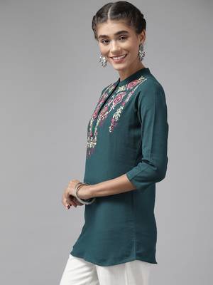 Teal embroidered cotton cotton-tops 2