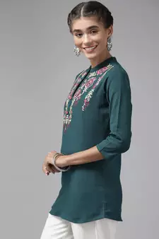 Teal embroidered cotton cotton-tops