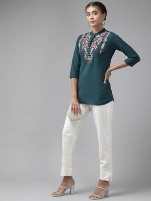 Teal embroidered cotton cotton-tops 5