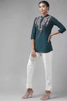 Teal embroidered cotton cotton-tops