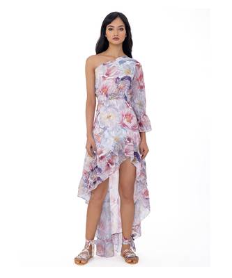 One-Shoulder High-Low Dress with Crystal Brooch 1