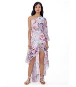 One-Shoulder High-Low Dress with Crystal Brooch