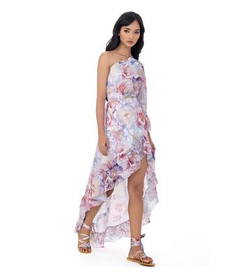 One-Shoulder High-Low Dress with Crystal Brooch 3