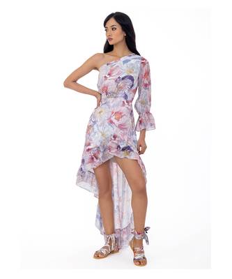 One-Shoulder High-Low Dress with Crystal Brooch 4