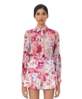 Floral Printed Shirt with  Blouson Sleeves 1
