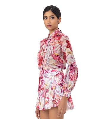 Floral Printed Shirt with  Blouson Sleeves 3
