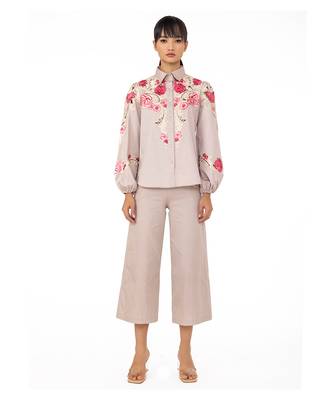 Blouson Sleeves Shirt With Cutwork Floral Embroidery 1