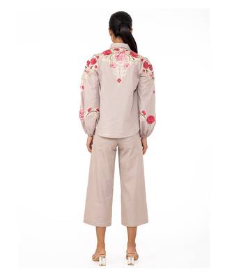 Blouson Sleeves Shirt With Cutwork Floral Embroidery 2