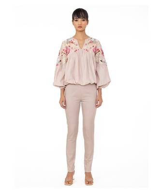 Blouson Sleeves Top with Cutwork Floral Embroidery 1
