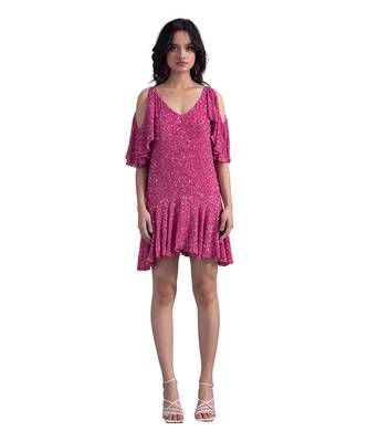 Beaded Cold Shoulder Dresss With Ruffled Hem 2